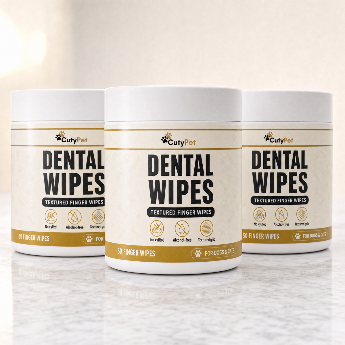 Three tubs of CutyPet Dental Wipes — the 90-day supply