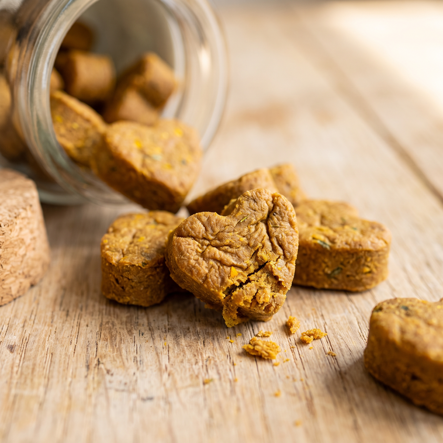 Heart-shaped soft chews with visible turmeric flecks, spilling from the jar