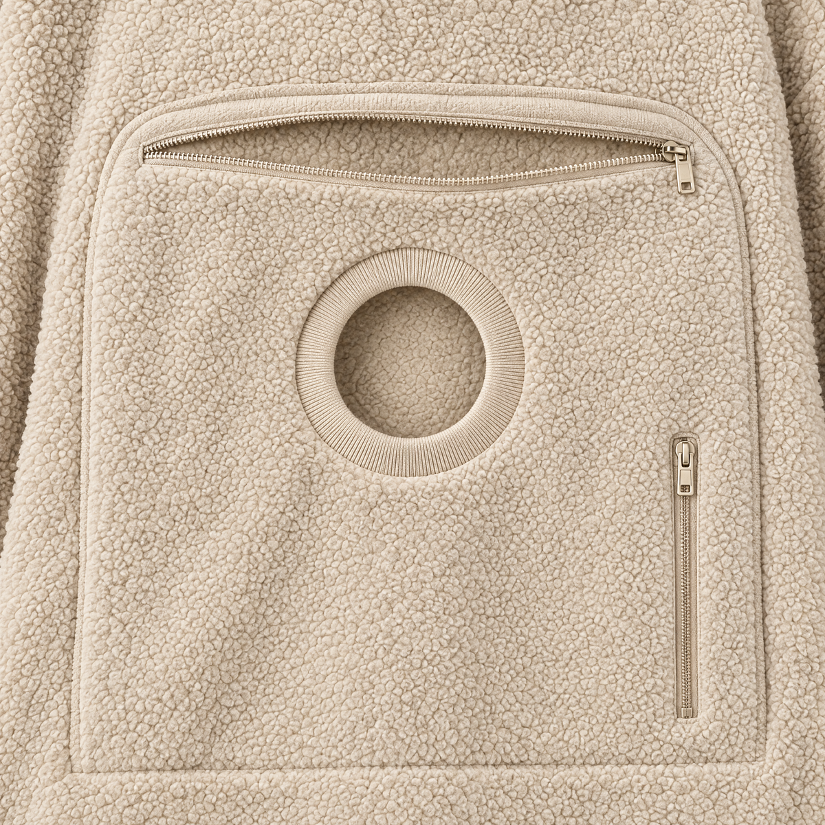 Close-up of the top zip, round window and side zip pocket