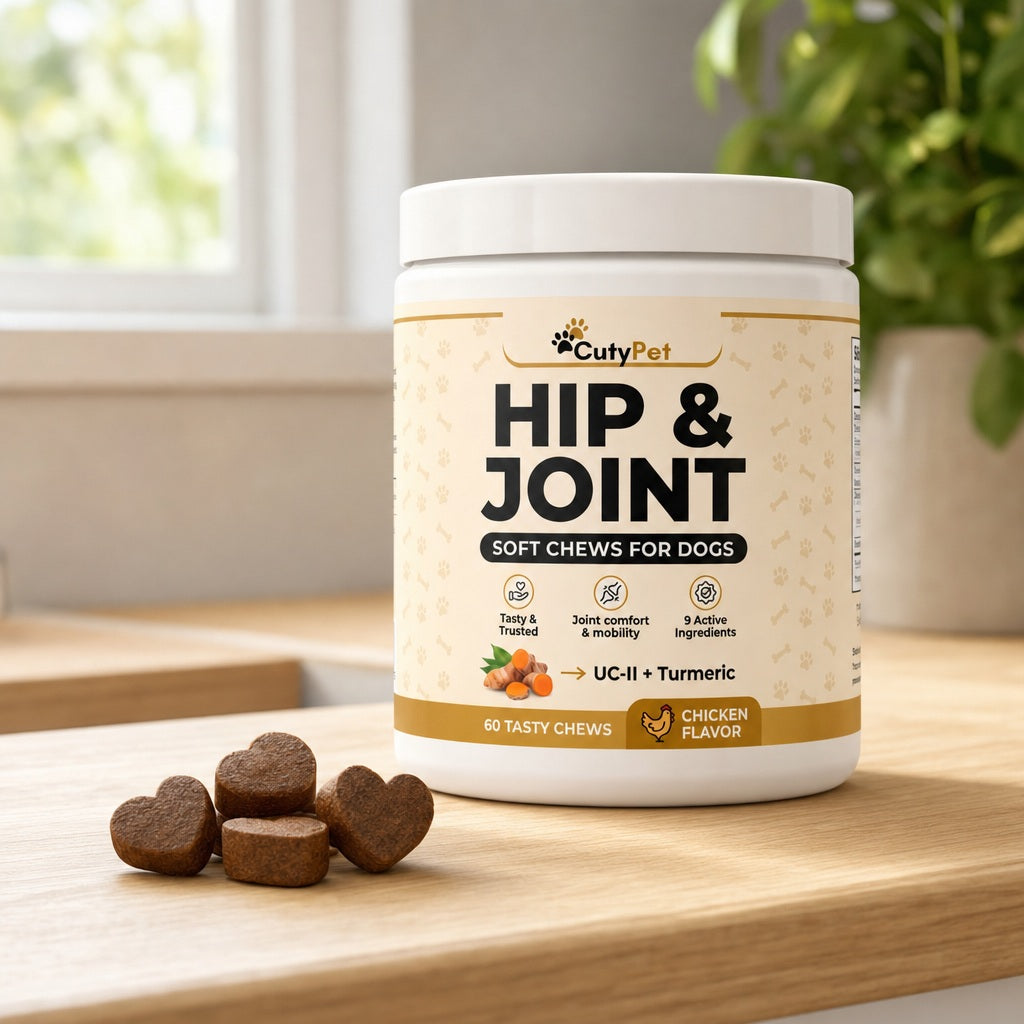 CutyPet Hip and Joint jar on a kitchen counter with soft chews