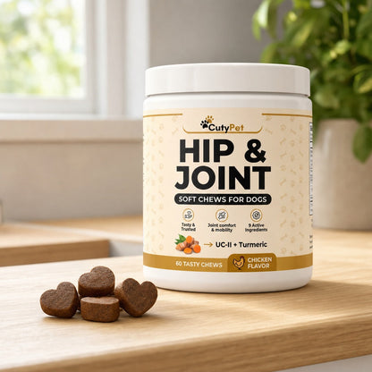 CutyPet Hip and Joint jar on a kitchen counter with soft chews