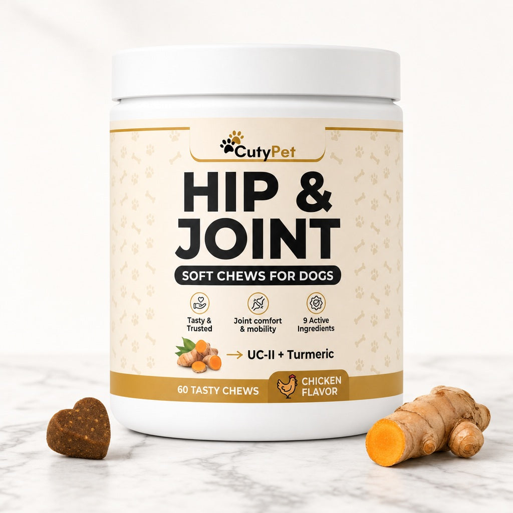 CutyPet Hip and Joint jar on marble with a chew and fresh turmeric root