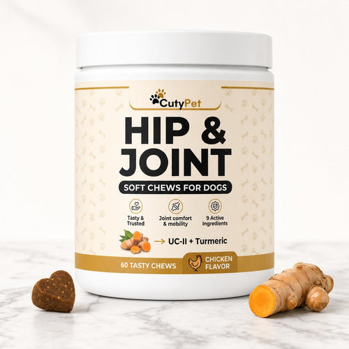 CutyPet Hip and Joint jar on marble with a chew and fresh turmeric root