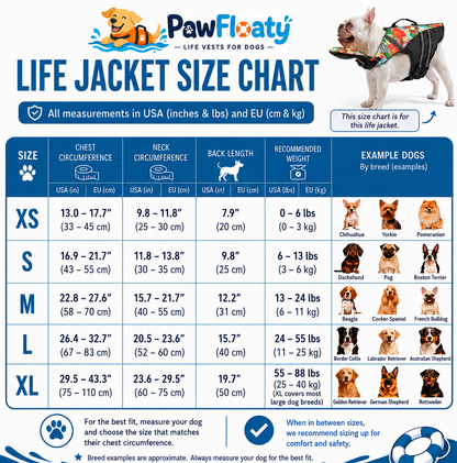 FloatPaws size chart