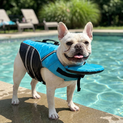 FloatPaws — French Bulldog wearing life jacket at home