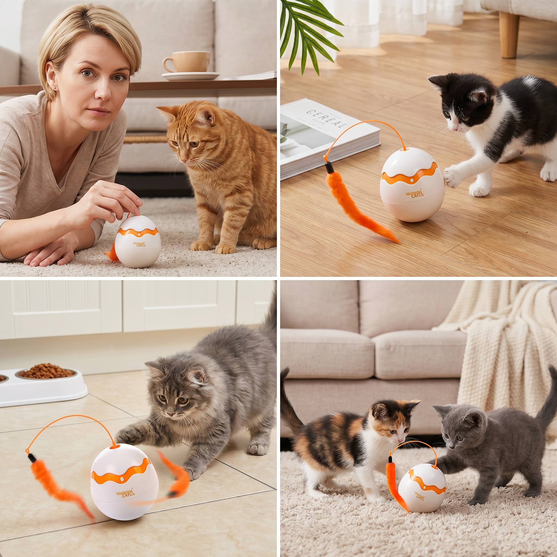 Cat chasing CutyPet wobble feather egg on hardwood floor