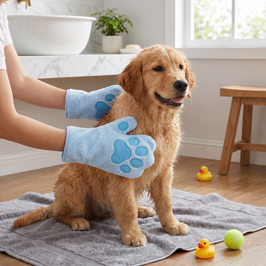 Blue CutyPet drying towel with happy dog after bath
