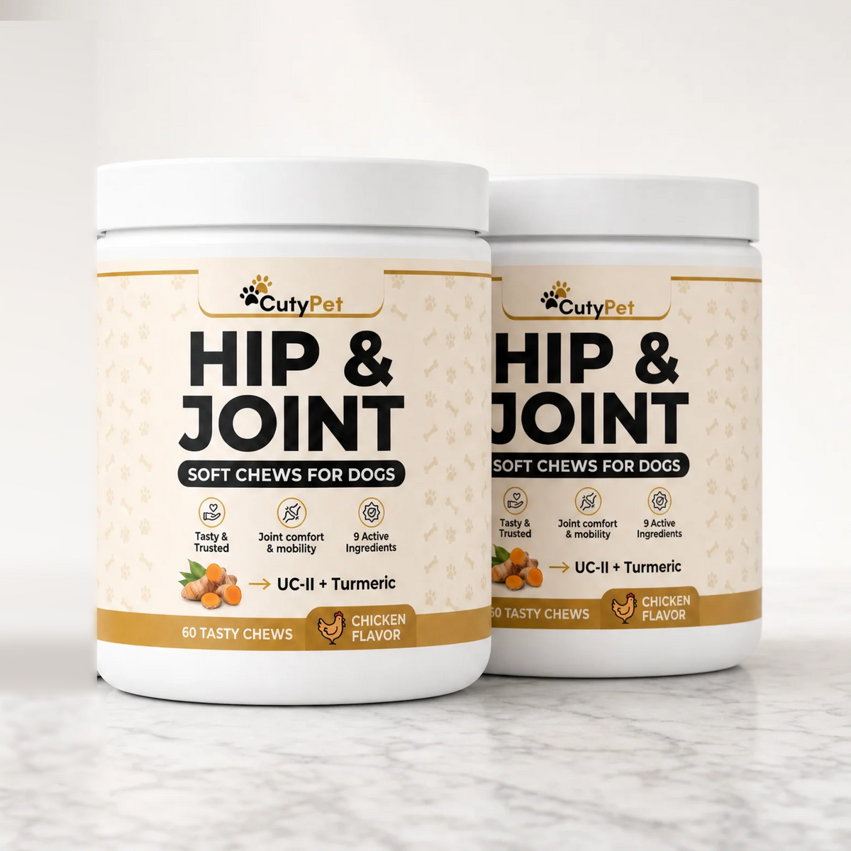 Two tubs of CutyPet Hip & Joint Soft Chews