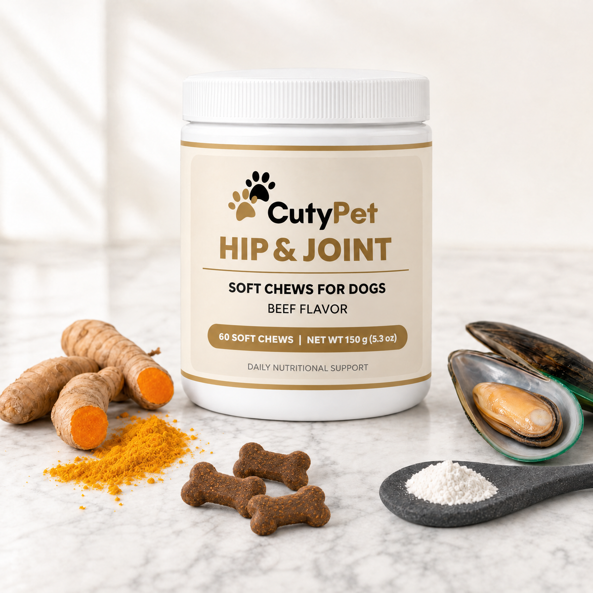 CutyPet Hip & Joint jar with bone-shaped beef chews, turmeric and green-lipped mussel