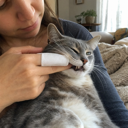 Cleaning a calm cat's teeth with a CutyPet finger wipe