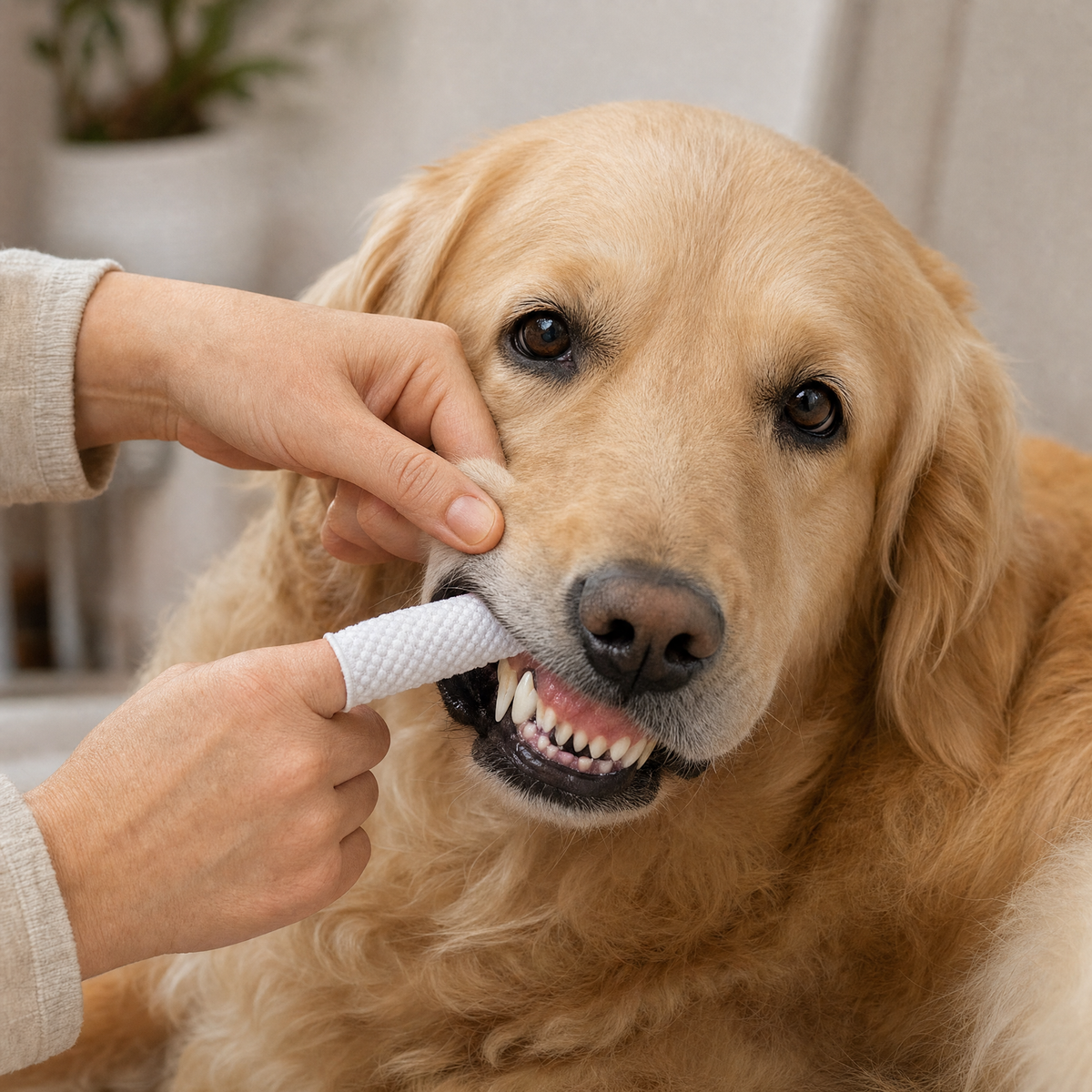 A calm golden retriever having its teeth wiped with a CutyPet textured finger wipe
