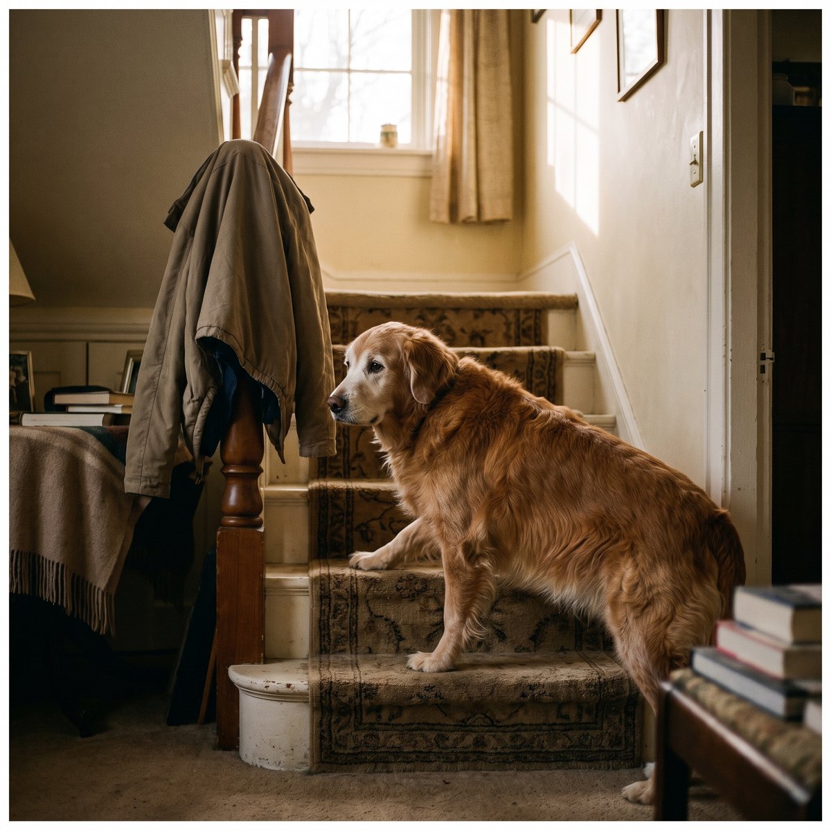 Older golden retriever pausing at the bottom of the stairs before climbing