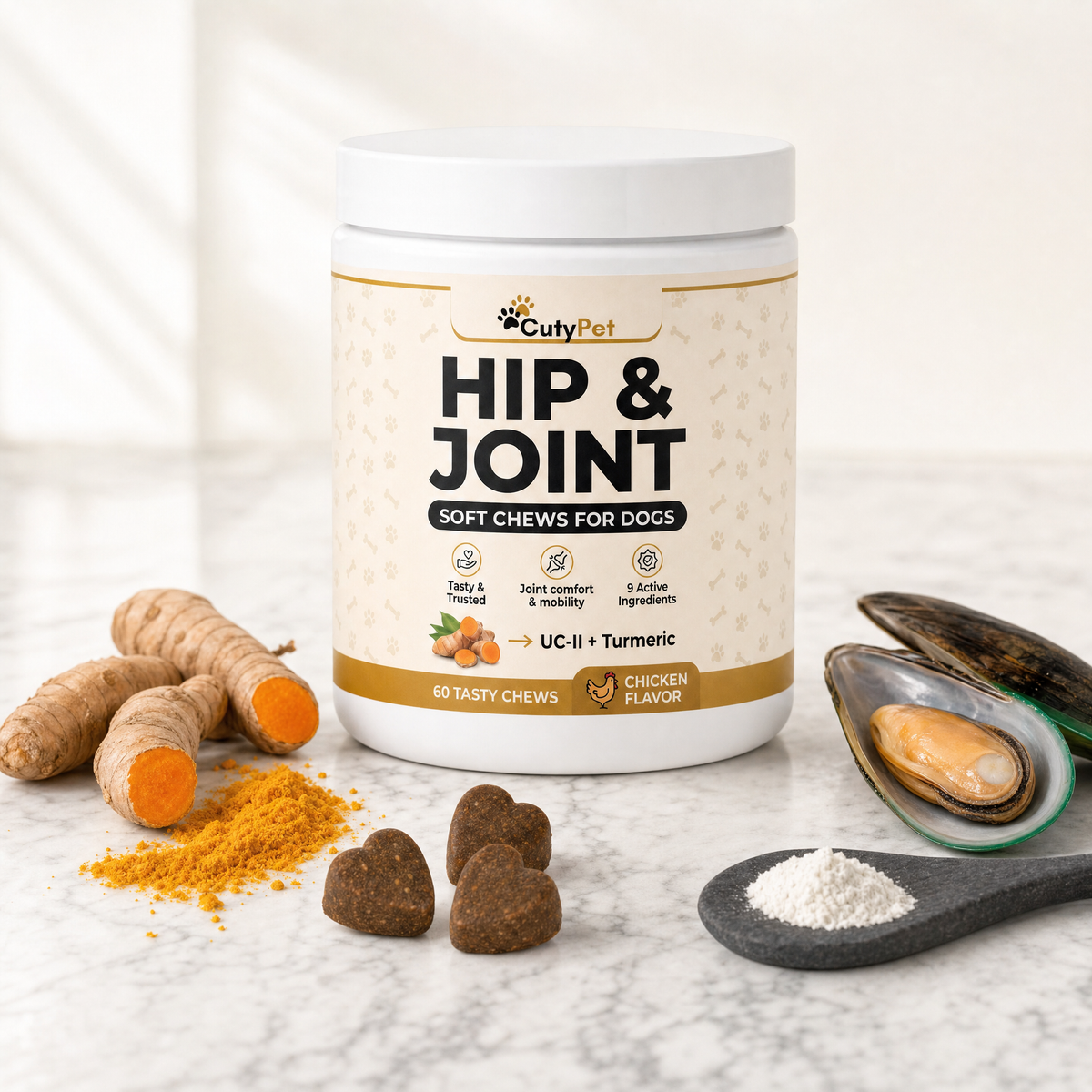 CutyPet Hip and Joint jar with turmeric root, green-lipped mussel and soft chews