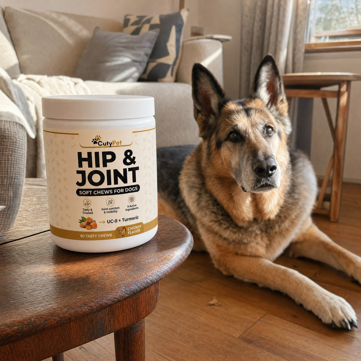 Older German shepherd resting in a living room beside the CutyPet Hip and Joint jar