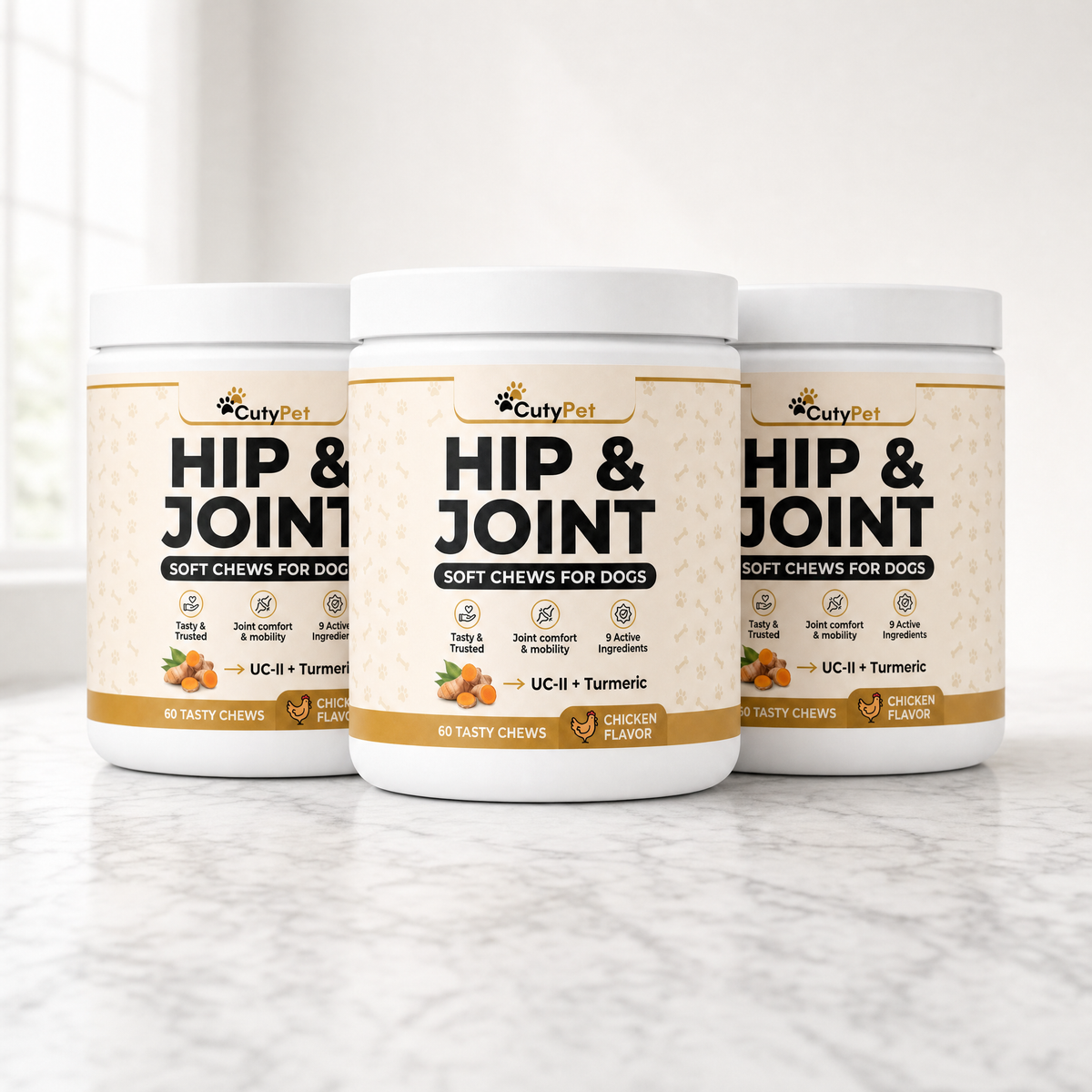 Three jars of CutyPet Hip and Joint Soft Chews, the 90-day supply