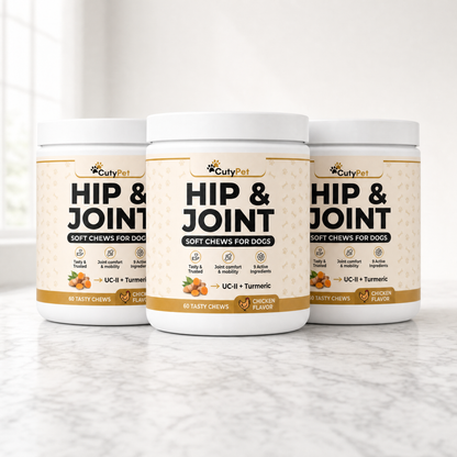 Three jars of CutyPet Hip and Joint Soft Chews, the 90-day supply
