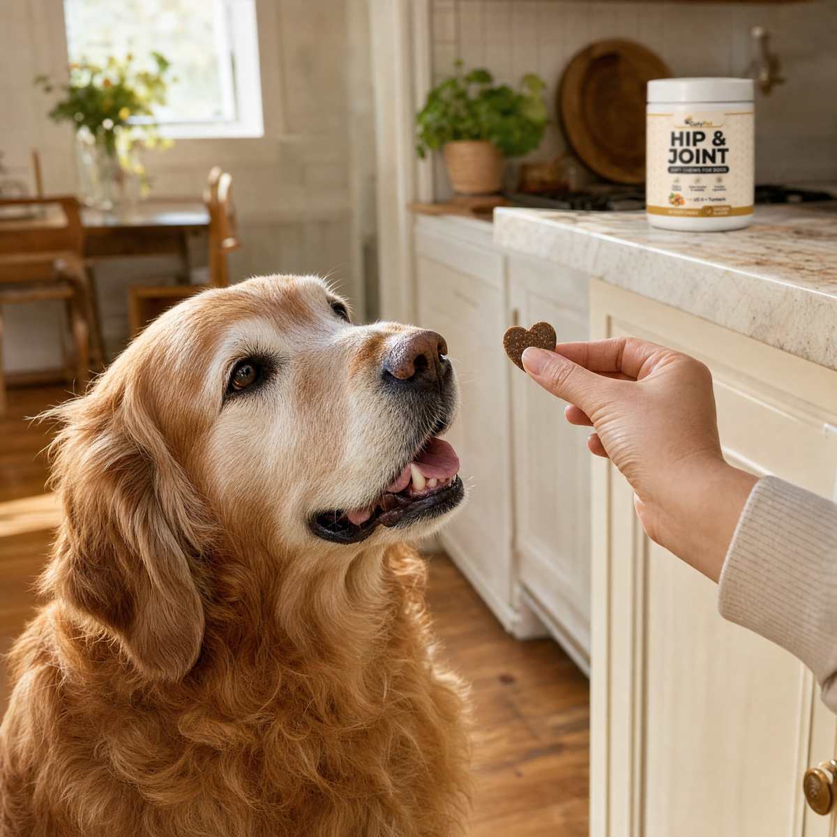 Older golden retriever taking a CutyPet Hip and Joint chew from its owner's hand