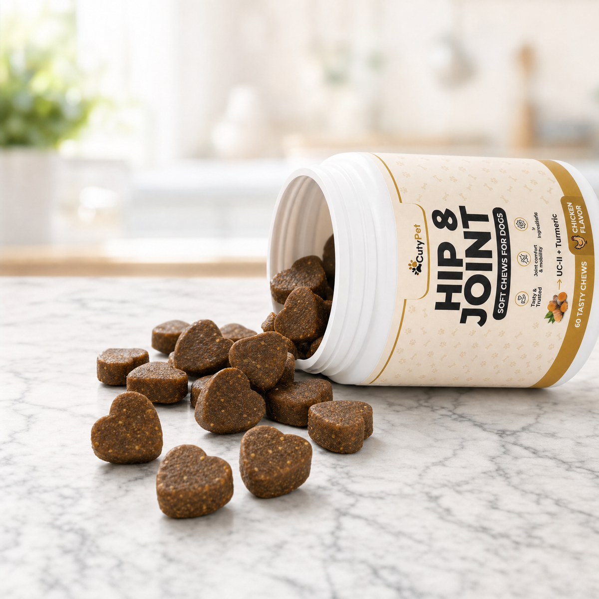 Heart-shaped soft chews spilling from the CutyPet Hip and Joint jar on marble