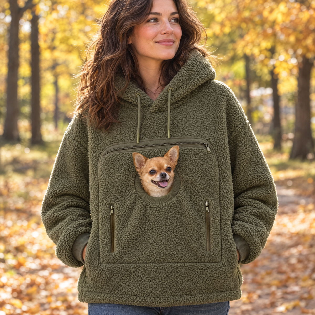 Olive pouch hoodie outdoors with a chihuahua in the pocket