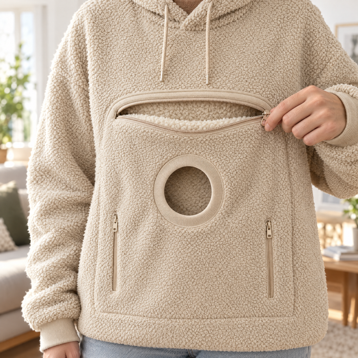 Top zip opened to show the fleece-lined pocket