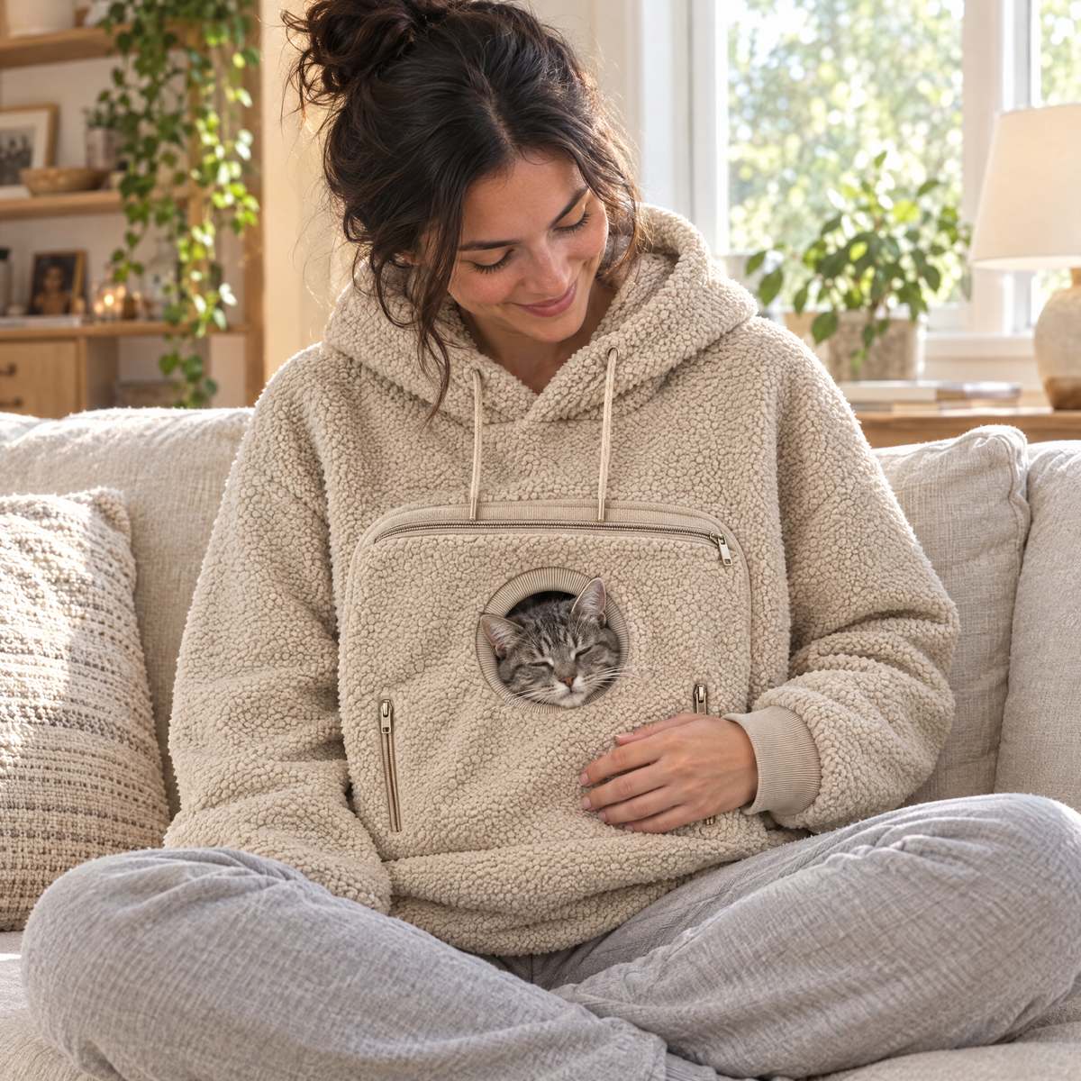 Beige pouch hoodie with a cat resting in the front pocket