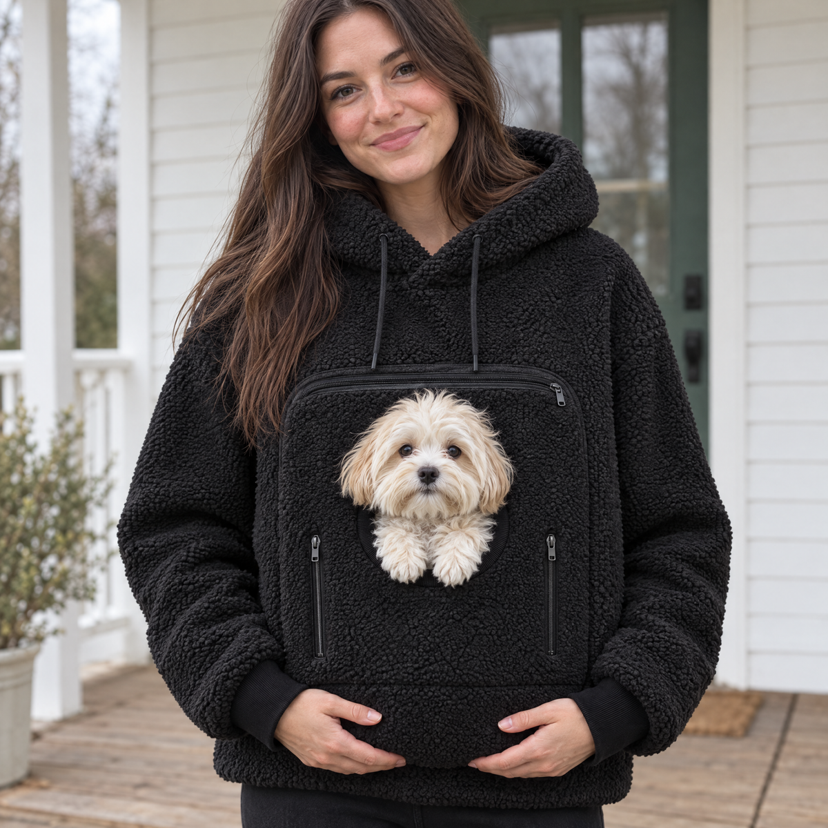 Black pouch hoodie with a small dog in the front pocket