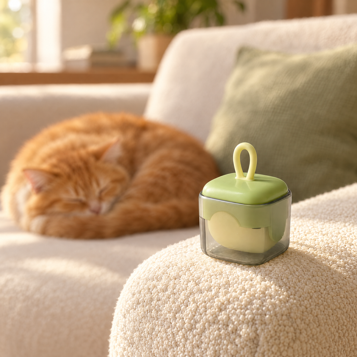 CutyPet Roller on a sofa next to a sleeping cat