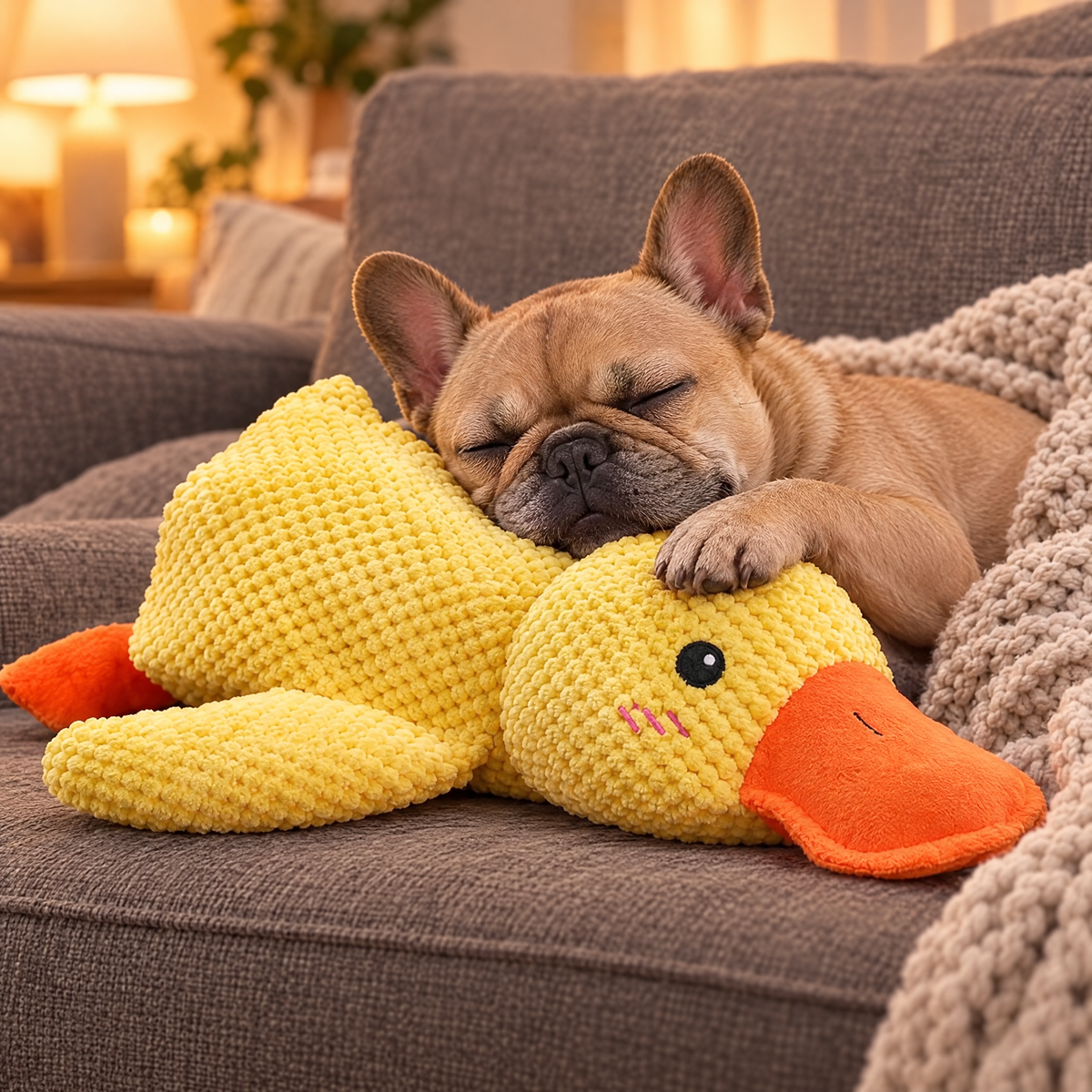 French bulldog asleep on the Calming Duck
