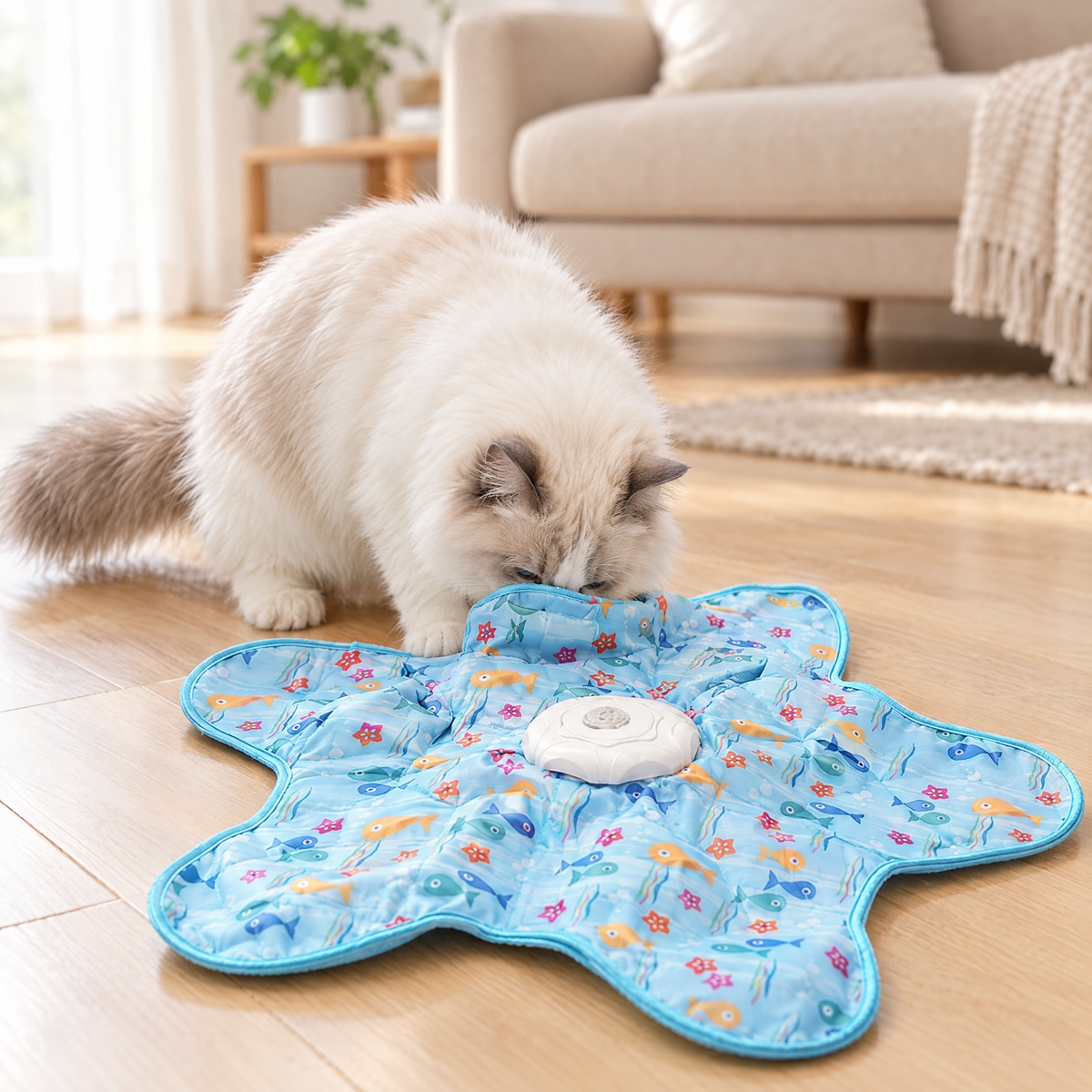Cat sniffing treats out of the CutyHunt mat