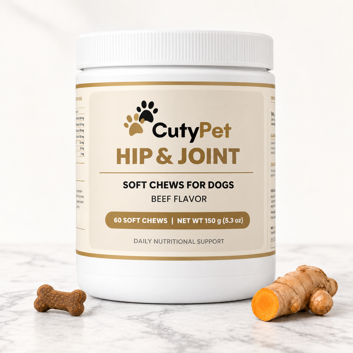 CutyPet Hip & Joint Soft Chews jar on marble with a bone-shaped beef chew and fresh turmeric root