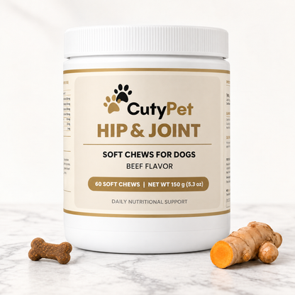 CutyPet Hip & Joint Soft Chews jar on marble with a bone-shaped beef chew and fresh turmeric root