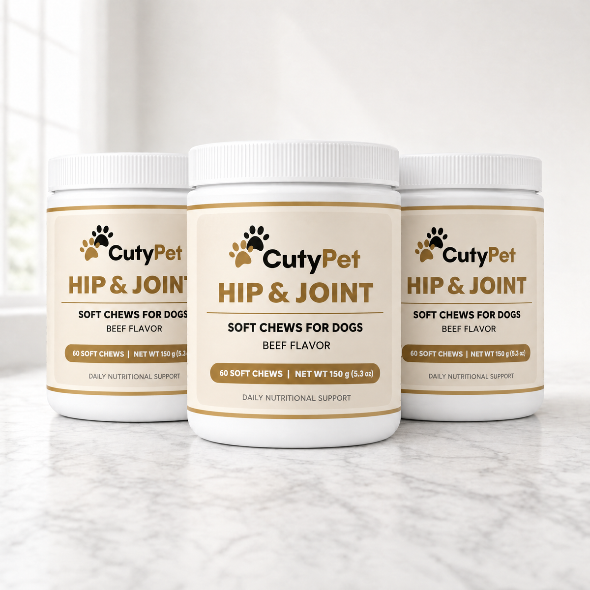 Three jars of CutyPet Hip & Joint Soft Chews