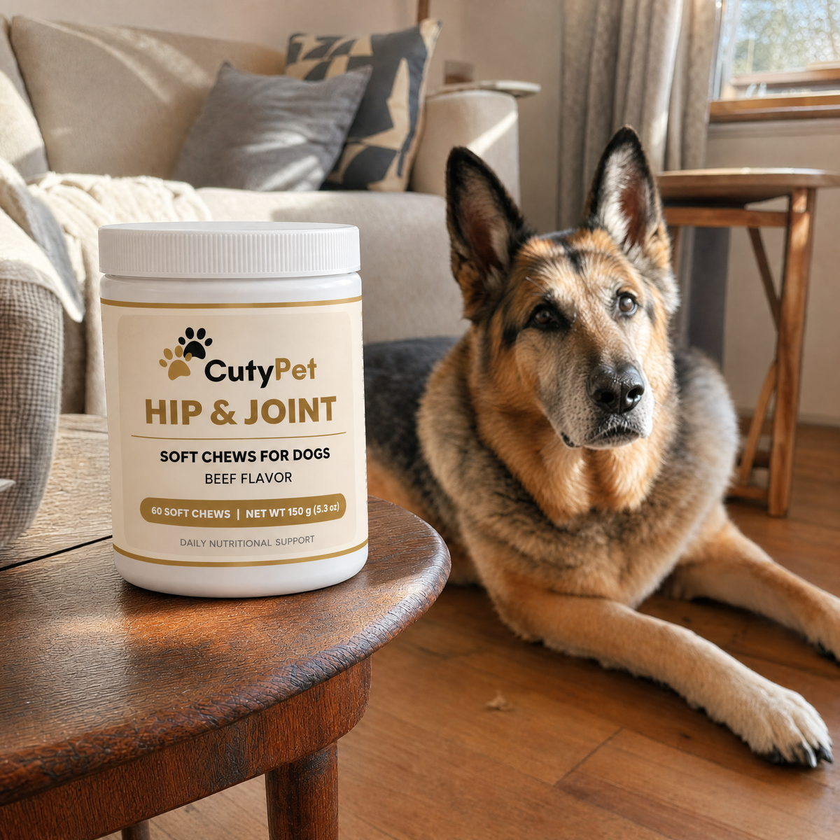 Older German shepherd resting in a living room beside the CutyPet Hip & Joint jar