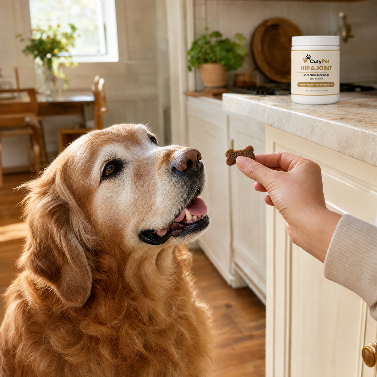 Older golden retriever taking a bone-shaped CutyPet Hip & Joint chew from its owner's hand