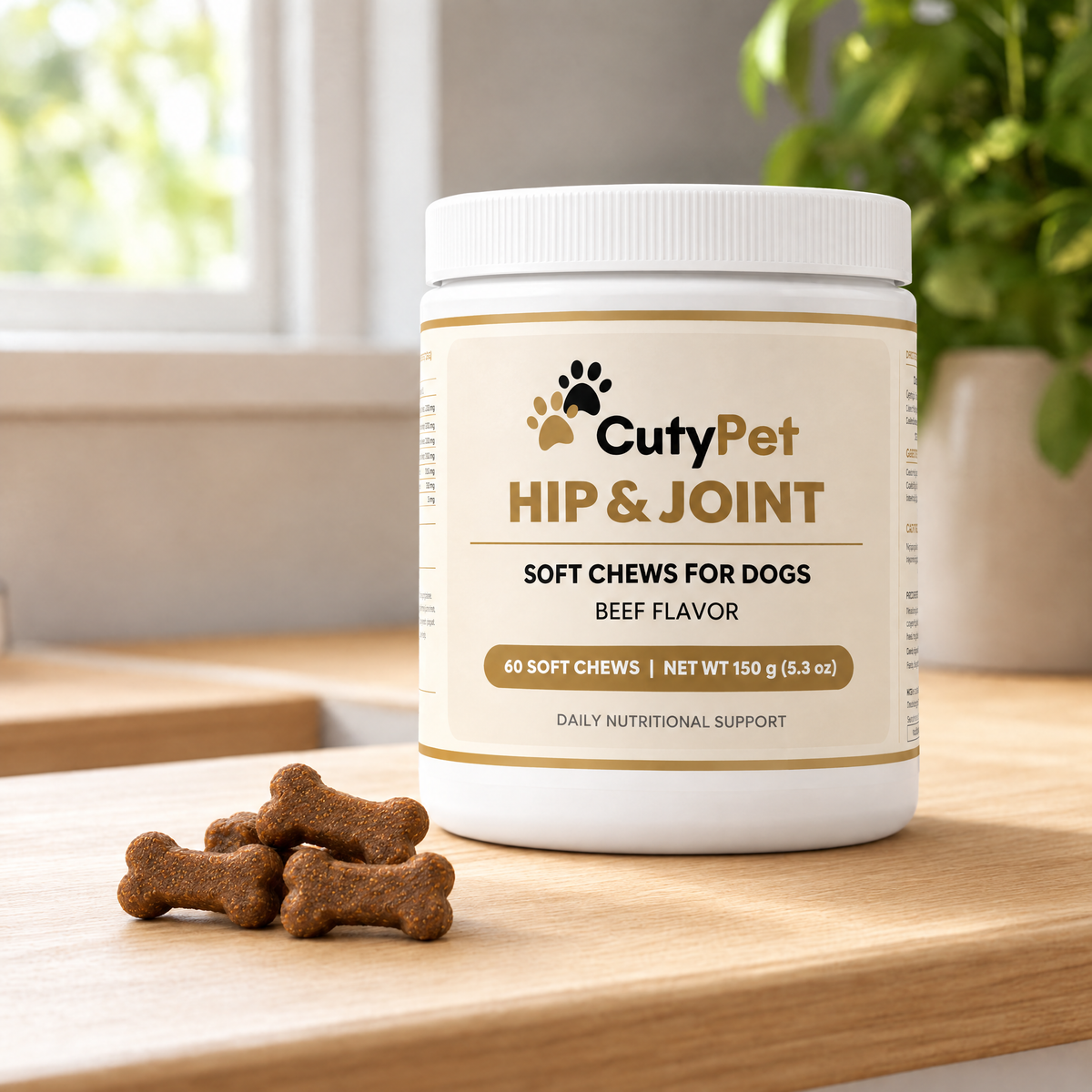 CutyPet Hip & Joint jar on a kitchen counter with bone-shaped soft chews