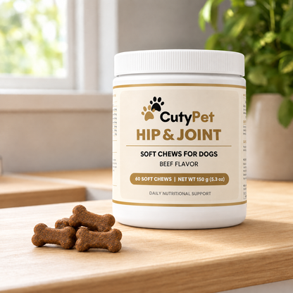 CutyPet Hip & Joint jar on a kitchen counter with bone-shaped soft chews