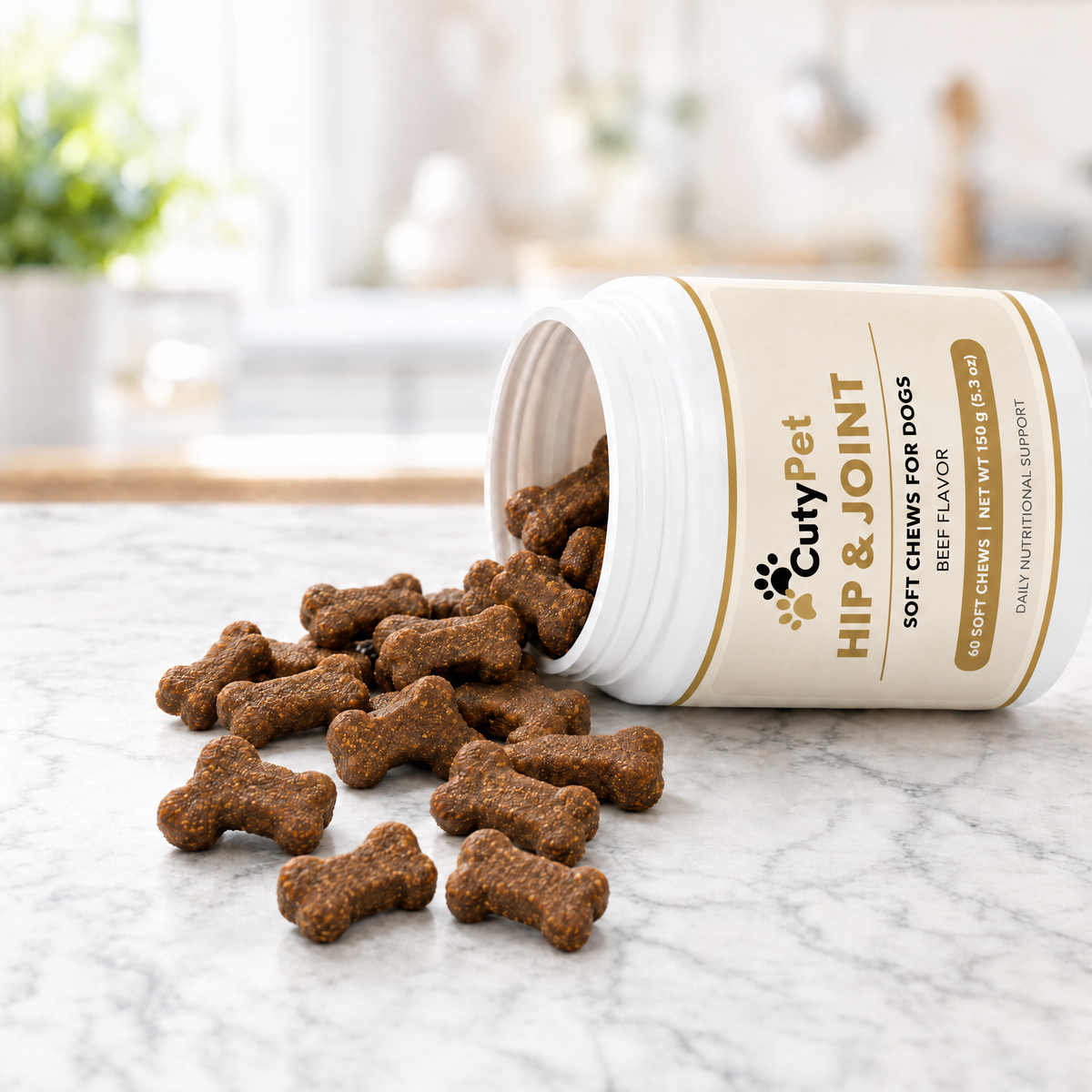 Bone-shaped beef soft chews spilling from the CutyPet Hip & Joint jar on marble