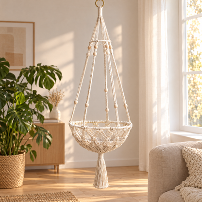 CutyPet Hanging Cat Bed – Classic macrame hanging basket in a living room