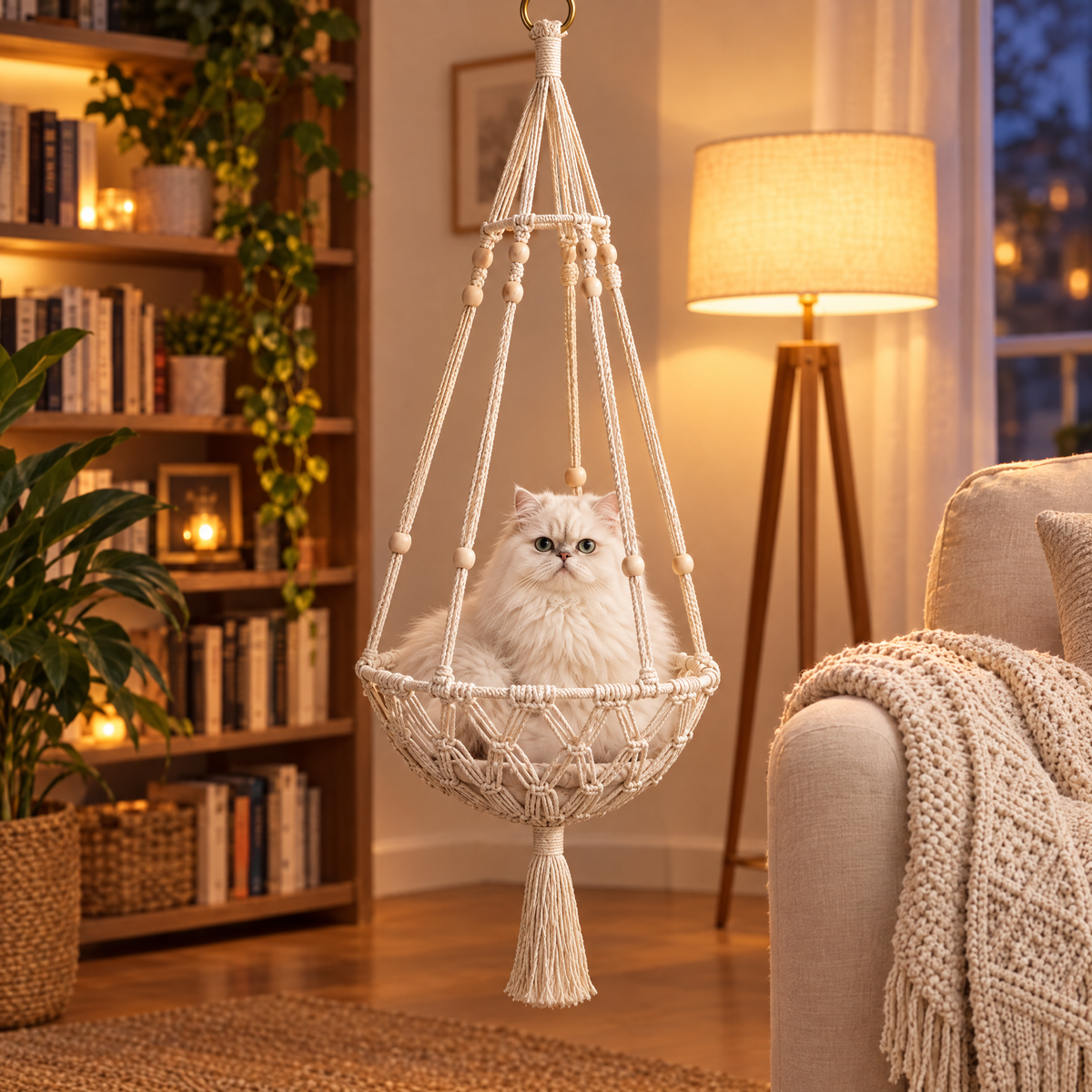 Persian cat in the hanging cat bed next to an armchair