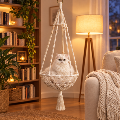 Persian cat in the hanging cat bed next to an armchair