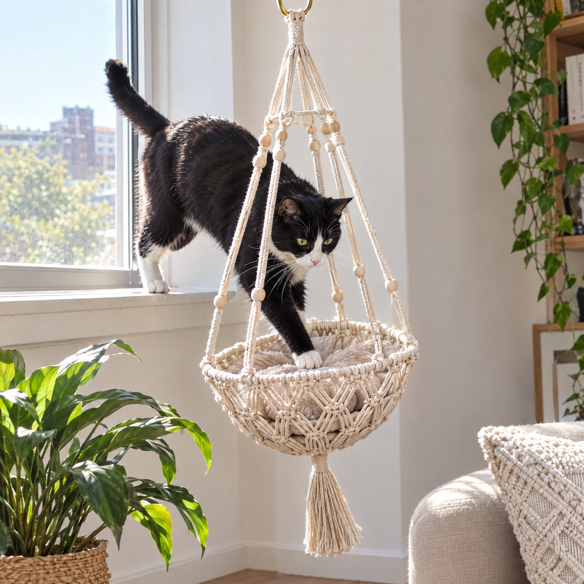 Cat stepping into the CutyPet Hanging Cat Bed by a window