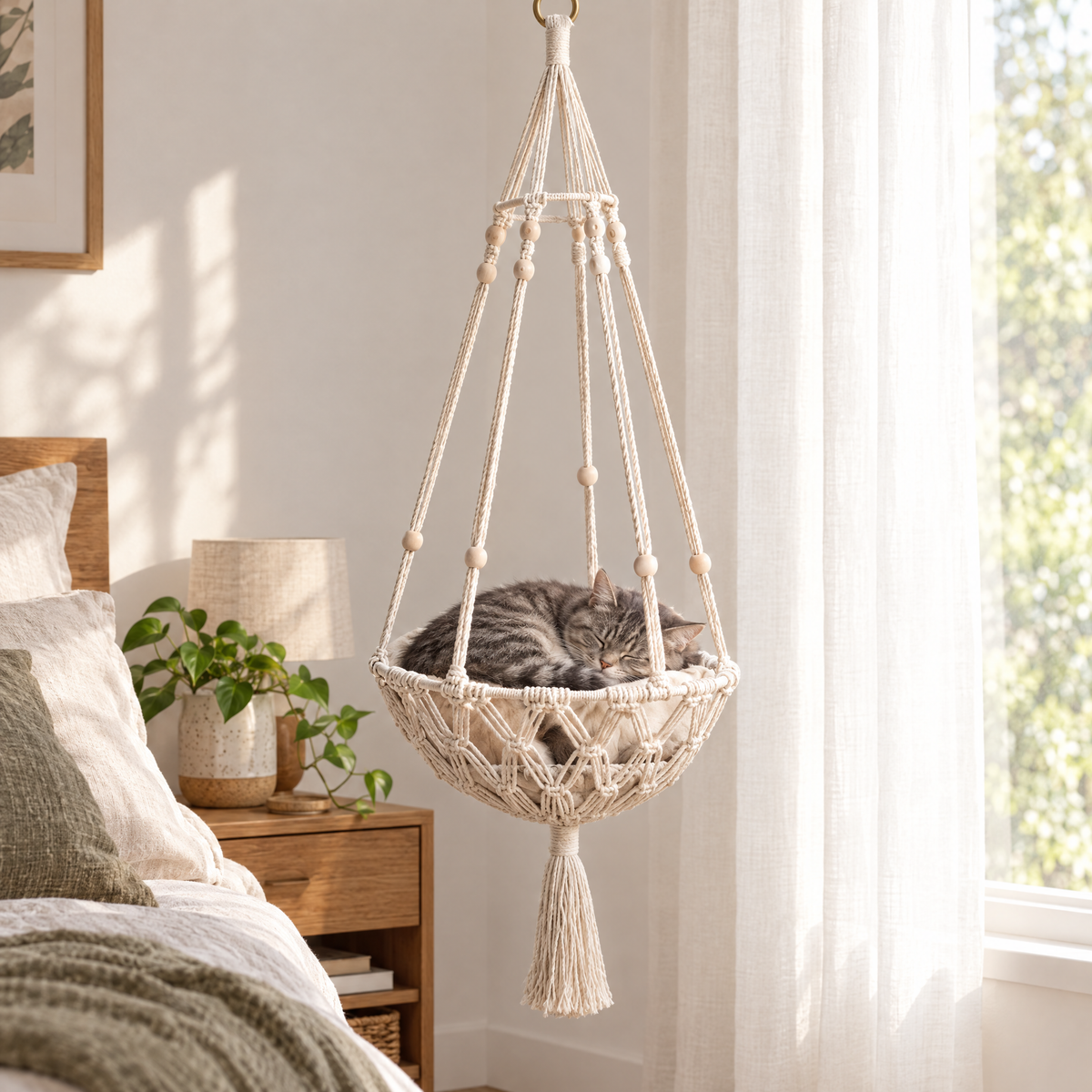 Tabby cat asleep in the hanging cat bed in a bedroom