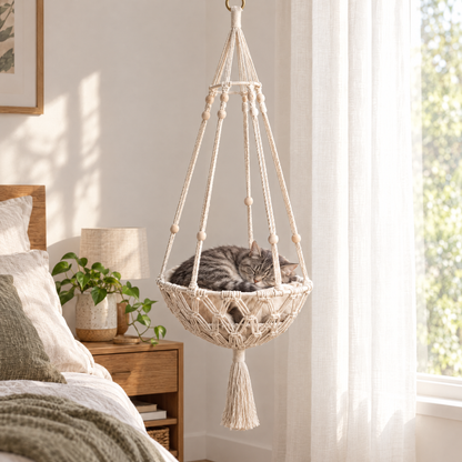 Tabby cat asleep in the hanging cat bed in a bedroom