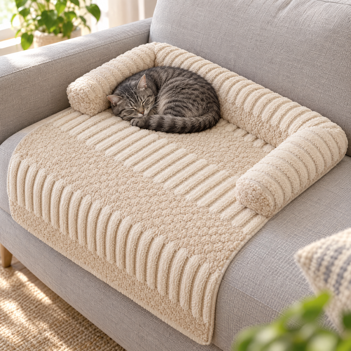 Beige couch protector with cat