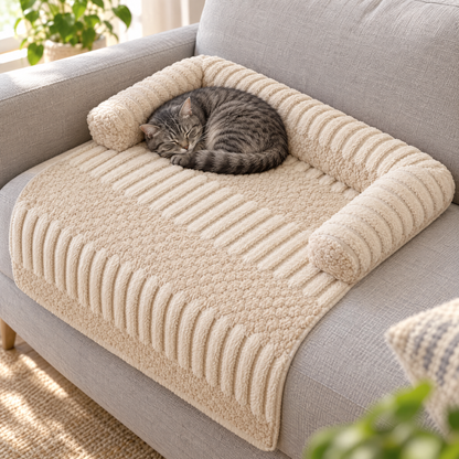 Beige couch protector with cat
