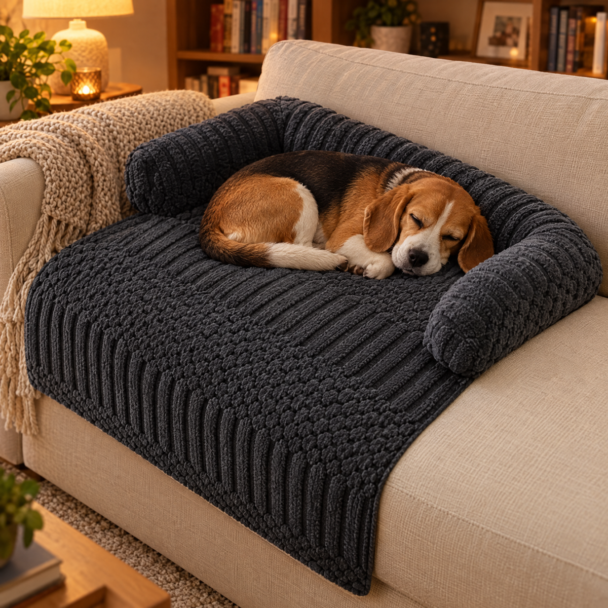 Charcoal couch protector with beagle