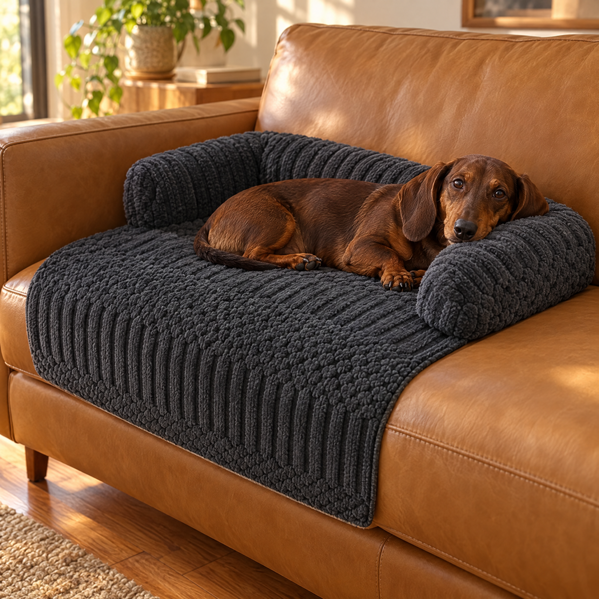 Charcoal couch protector on leather sofa with dachshund
