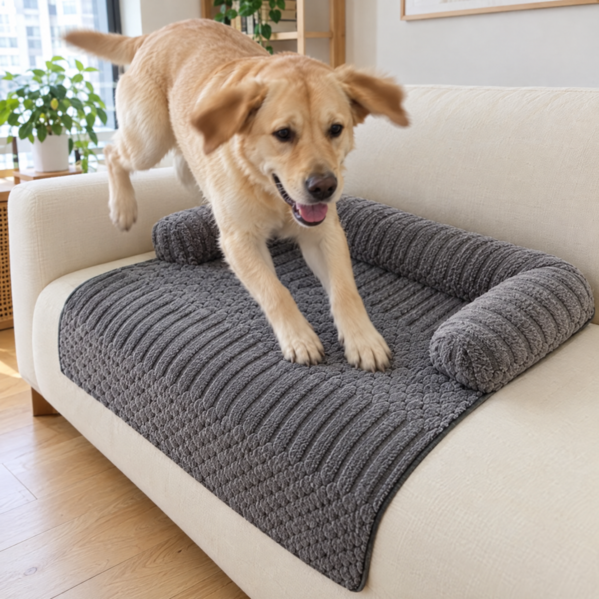 Labrador jumping on the couch protector, stays in place
