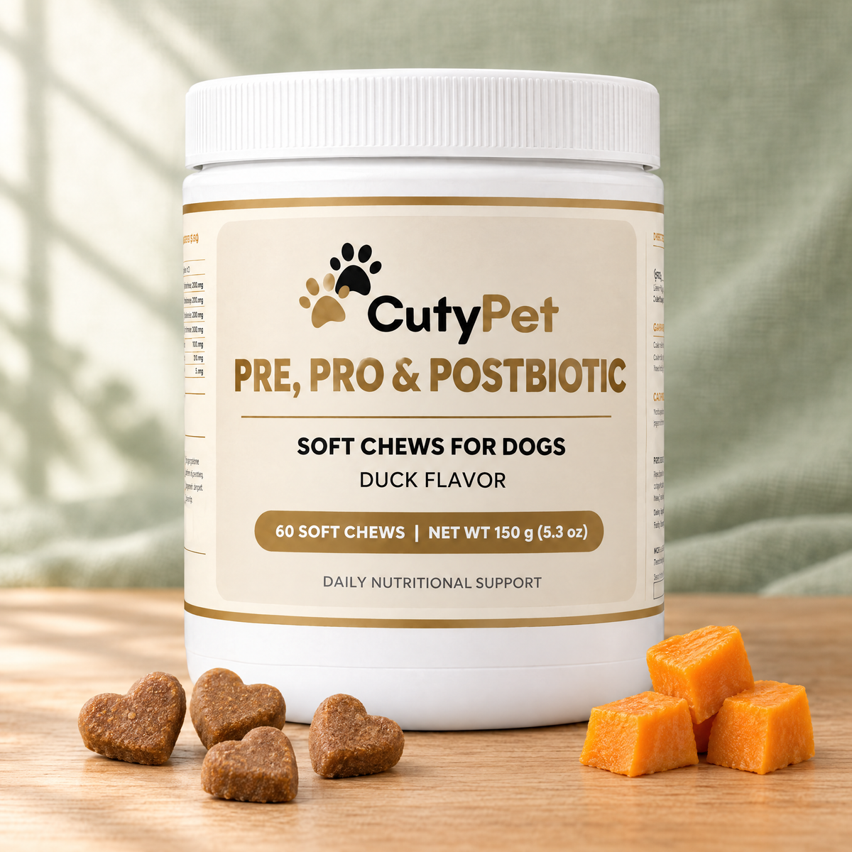 CutyPet Pre, Pro & Postbiotic Soft Chews jar on a wooden table with heart-shaped duck chews and pumpkin