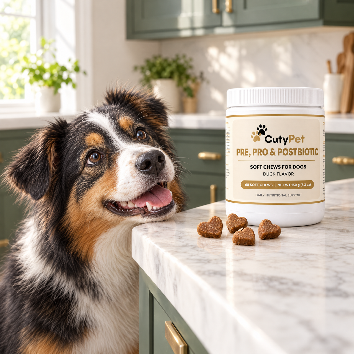 Australian Shepherd looking at the CutyPet Pre, Pro & Postbiotic jar on a kitchen counter